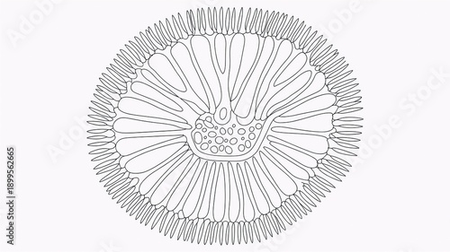 Sycon sponge longitudinal section illustrating the syconoid body plan with clearly visible radial canal system rendered as a precise scientific anatomy diagram on a clean neutral background