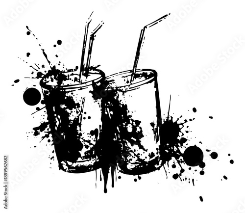 Two party cocktail glasses with straws rendered in black grunge ink style