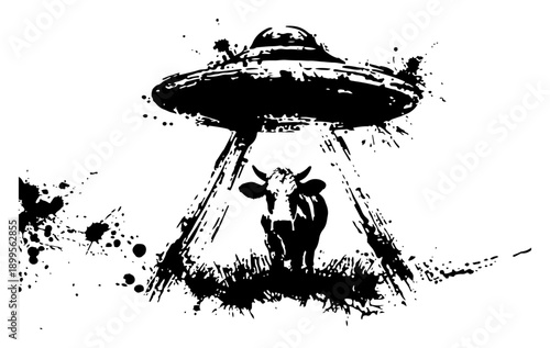 Artistic vector drawing of a UFO abducting a cow with ink splatter effects