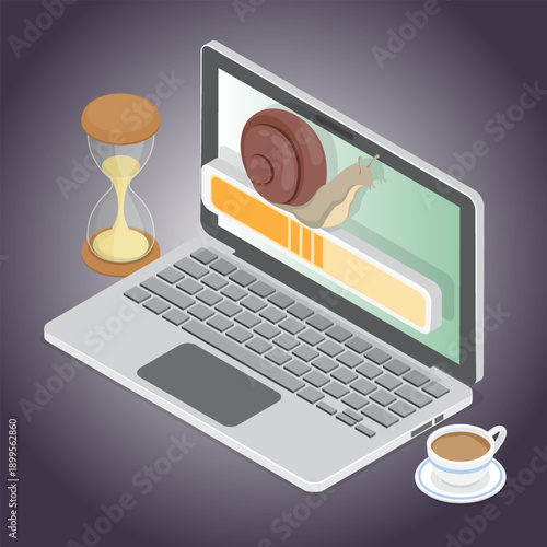 Snail symbolizing slow internet. Connection with errors and glitches on a slow website loading. 3d flat isometric vector illustration on a dark background.