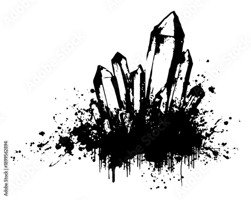 Cuadro en lienzo Black and white grunge vector illustration of mineral crystals with ink splashes