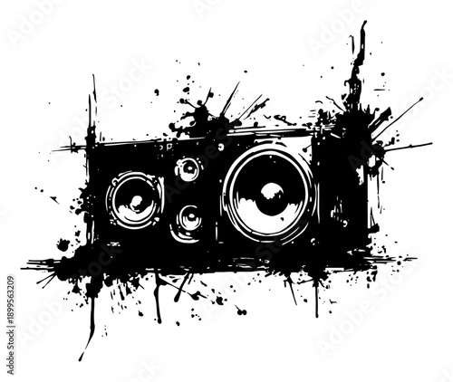 Grunge style boombox radio with speakers and black ink splashes