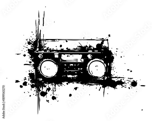 Retro boombox cassette player silhouette with messy black ink splatters