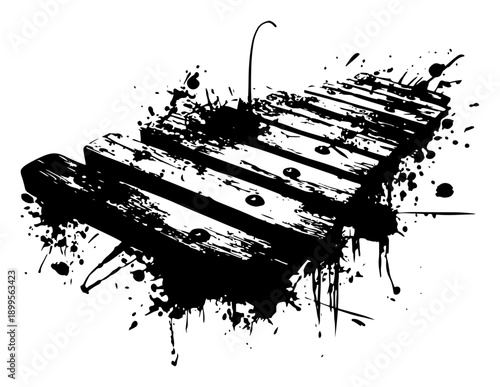 Artistic vector drawing of a xylophone instrument featuring expressive grunge ink splatters