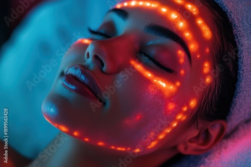 Woman receiving facial treatment with LED lights in a wellness spa at night