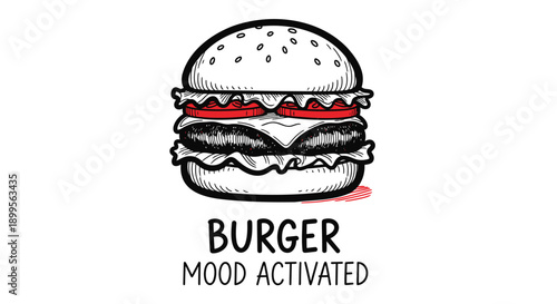 Tasty burger illustration with mood activated text on white background