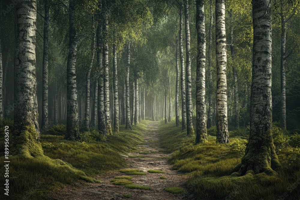 Obraz premium Serene path through lush birch forest under soft morning light
