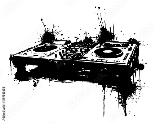 DJ turntable mixer console designed with grunge black ink splashes