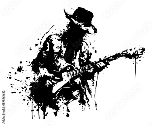 Rock guitarist playing electric guitar in expressive black ink style