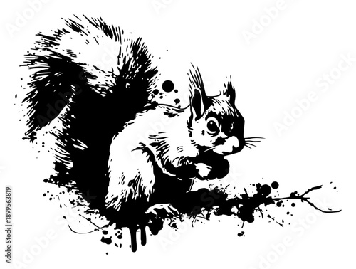 Forest squirrel with fluffy tail illustrated with grunge ink splatters