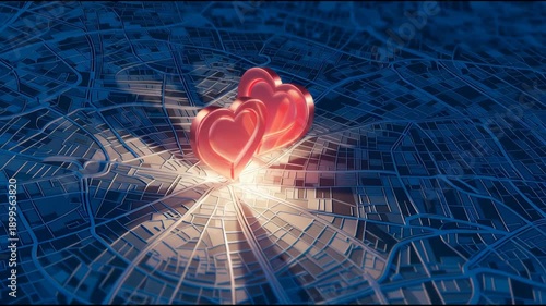 A digital featuring two pink hearts glowing on a city map, symbolizing love and connection within an urban environment.