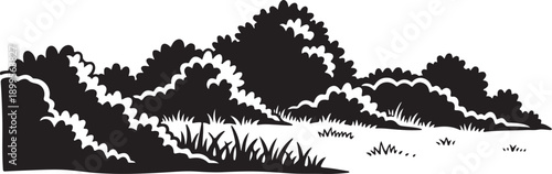 Black and white mountain landscape with trees and grass