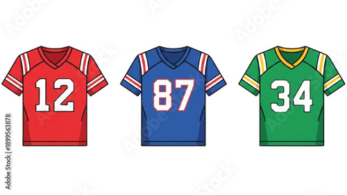 Three sports jerseys with different numbers and colors displayed together on a neutral background
