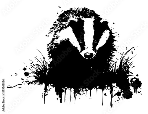 Artistic black and white grunge vector illustration of a wild badger with ink splatters