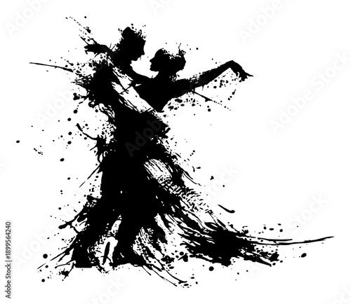Romantic couple dancing tango in expressive black ink grunge style