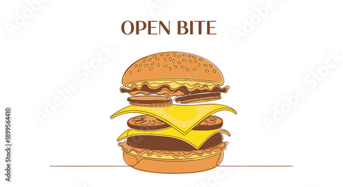 Giant cheeseburger with open bite showing melted cheese and beef patties