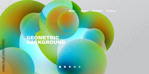 Abstract colorful shapes overlap. Gradient hues create dynamic visual effect. Minimalist design with text elements, navigation options present.