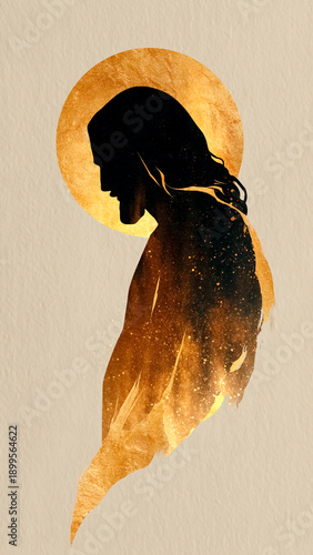 Jesus Christ Side Silhouette With Golden Halo On Textured Paper. Sacred Devotion, Easter Theme.