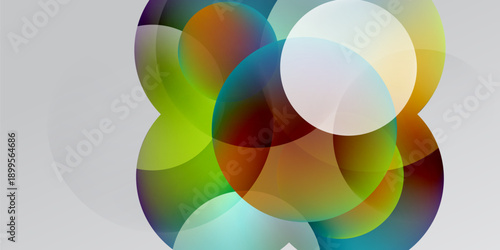 Abstract colorful shapes overlap, creating vibrant gradients. Soft light blends hues, forming dynamic composition. Minimalist design.