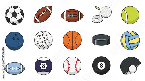 Collection of various sports equipment icons on a white background viewed from directly above