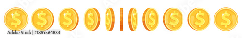 Coin rotate animation. Gold coins rotation, arcade game tocken flip golden money cash falling rotate sequence 2d gaming asset sprite sheet, cartoon finance neat vector illustration