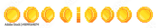Pixel coin animation. Rotating coin arcade retro video game token, golden treasure bonus money cash casino spin gold digital currency, 2d gaming ui cartoon neat vector illustration