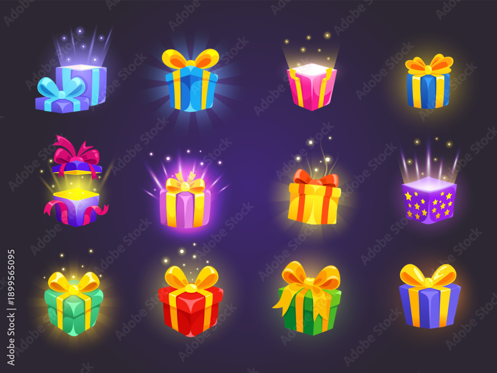 Fototapeta premium Cartoon game giftboxes. Gift boxes ui icons, 2d casual gaming mystery bonus casino prize discount present level secret digital present birthday new year, kicky vector illustration