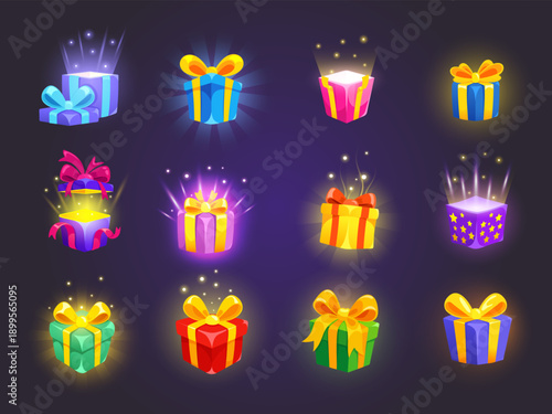 Cartoon game giftboxes. Gift boxes ui icons, 2d casual gaming mystery bonus casino prize discount present level secret digital present birthday new year, kicky vector illustration