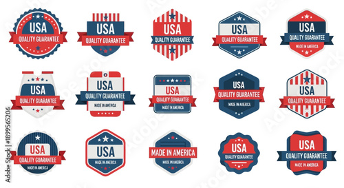 Assorted USA-themed badges and labels collection with patriotic designs and red, white, and blue color scheme displayed together