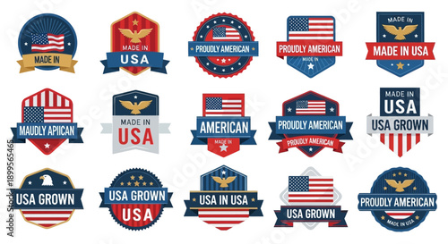 Collection of American themed emblems and badges with flags and eagles on various backgrounds