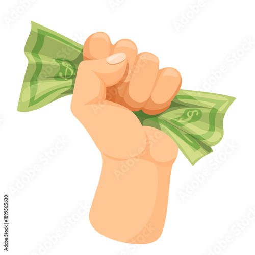 Fist money. Hand hold squeezing cash, crumpled wrinkled dollar bill paper banknote in clenched fist bills crash punch financial rights stingy man, cartoon neat vector illustration