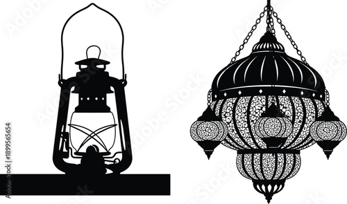 Silhouettes of two intricate lanterns, showcasing a vintage design and cultural aesthetic, perfect for conveying themes of illumination and nostalgia.