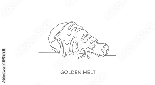 Golden chocolate melting flowing and dripping in a minimalist line art style on white background