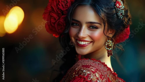 spanish woman in traditional red dress dancing flamenco on dark background, hispanic heritage, national dance, young beautiful latin american brunette girl, spain, culture, female portrait, dancer