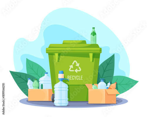 Recycling waste bin. Trash sorting, garbage management concept eco friendly green container separated plastic bottles dumpster clean nature environment neat vector illustration