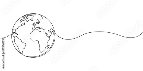 One continuous line drawing of Earth. Vector illustration. Earth globe one line background. Drawing map