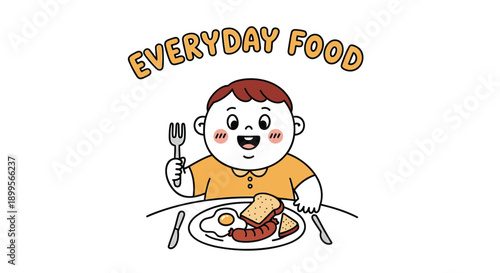 Happy child eating breakfast with toast and egg on plate