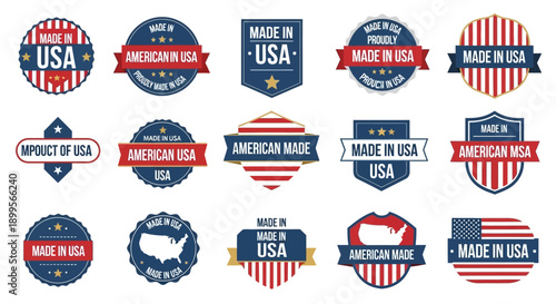 Collection of American made product labels and badges showcasing USA origin with various designs and patriotic themes