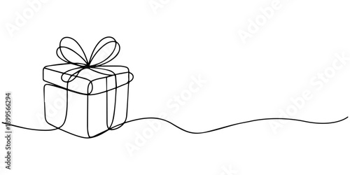 Continuous line drawing of gift box present with bow on transparent background