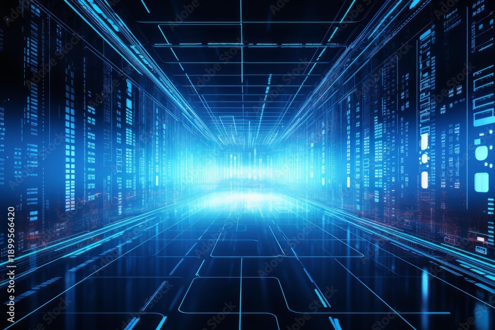 Fototapeta premium Digital data flowing through abstract server room creating a futuristic technology background