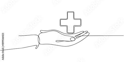 Hand holding medical cross symbol in one continuous line drawing , Continuous line drawing of palm hand holding medical cross and heart love. Vector illustration, continuous one line art drawing of