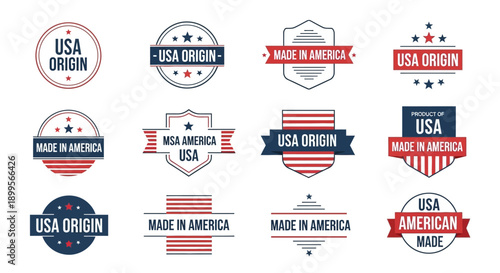 Collection of USA-themed labels and badges with patriotic designs and typography, showcasing American origin and pride, in various styles and formats