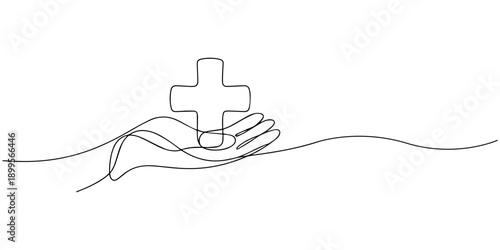 Hand holding medical cross symbol in one continuous line drawing , Continuous line drawing of palm hand holding medical cross and heart love. Vector illustration, continuous one line art drawing of