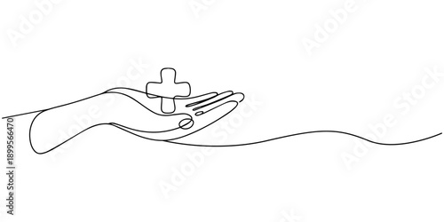Hand holding medical cross symbol in one continuous line drawing , Continuous line drawing of palm hand holding medical cross and heart love. Vector illustration, continuous one line art drawing of