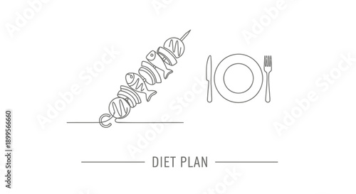 Skewer of meat on plate with fork and knife for diet plan concept