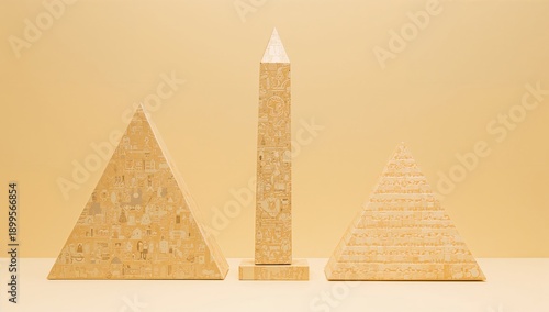 Display of Wooden Pyramids and an Obelisk on a Light Background With Simple D...
