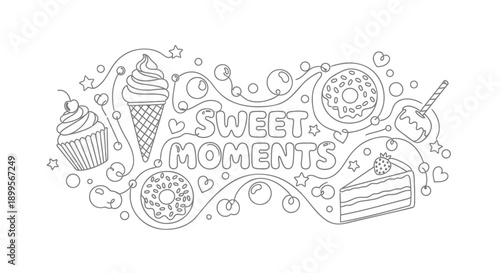 Colorful sweet treats with icing and decorations around 'sweet moments' text