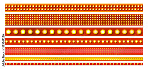 Marquee strips. Led strip, vintage neon border line yellow light bulb lamp on red ribbon retro signage frame for carnival festival or makeup mirror, set kicky vector illustration