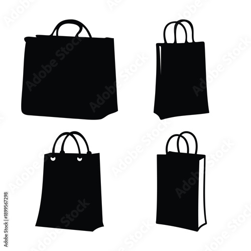 Collection of simple black silhouette shopping bags on a white background for retail and consumer design