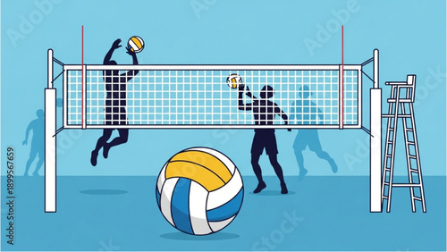 Volleyball players in action jumping high near net during competitive match illustration